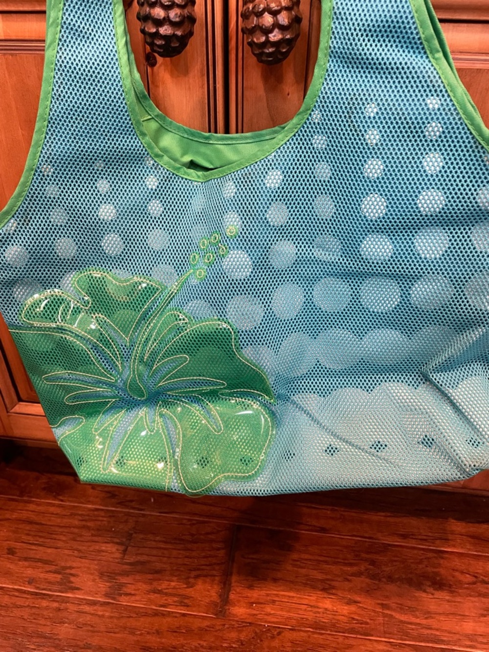 Blue Mesh Tote with Green Floral Applique